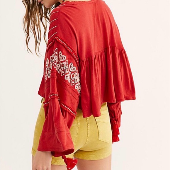 Free People Embroidered Top Boho Peasant Blouse Womens M Balloon Sleeve - Picture 2 of 10